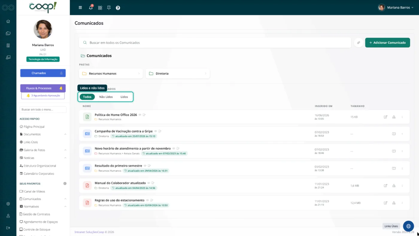 Lista de comunicados organizados por pasta, com os filtros de lidos e não lidos