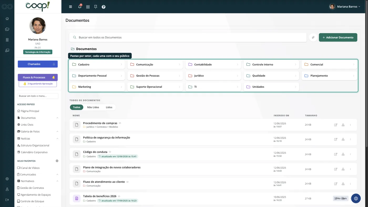 Documentos organizados em pastas por setor, com a lista dos documentos mais recentes