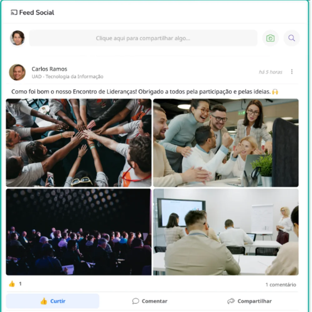 Feed social com publicações de fotos, reações e comentários da equipe