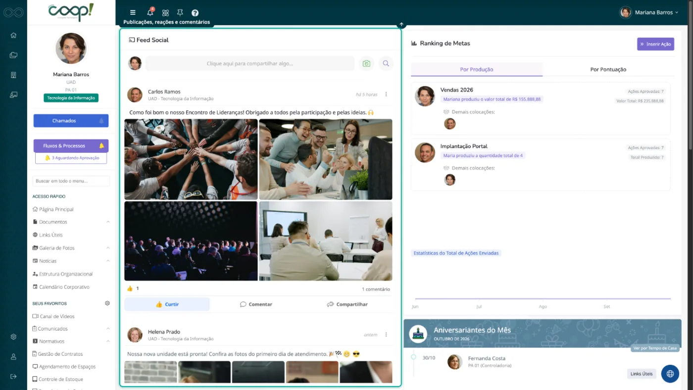 Página inicial da intranet com o feed social da equipe, publicações com fotos, ranking de metas e aniversariantes do mês