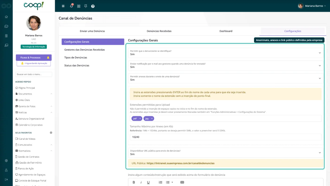 Configurações do canal de denúncias com as opções de identificação, aviso por e-mail, anexos e link público