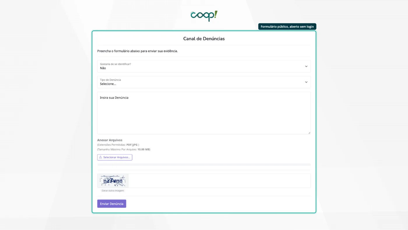 Formulário público do canal de denúncias, aberto sem login, com o logo da empresa