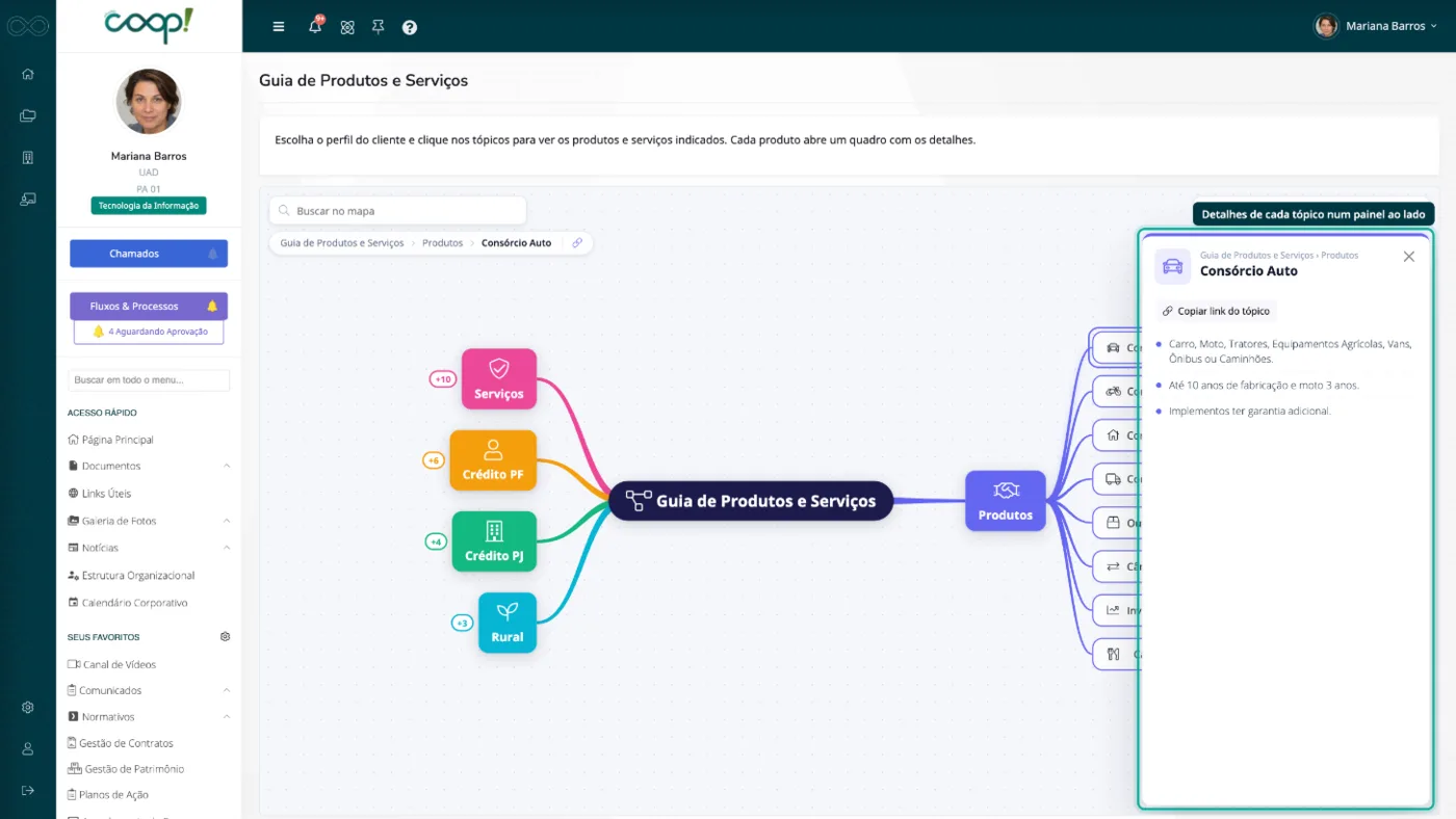 Painel de detalhes de um produto aberto ao lado do mapa mental, com a descrição em lista e o link do tópico