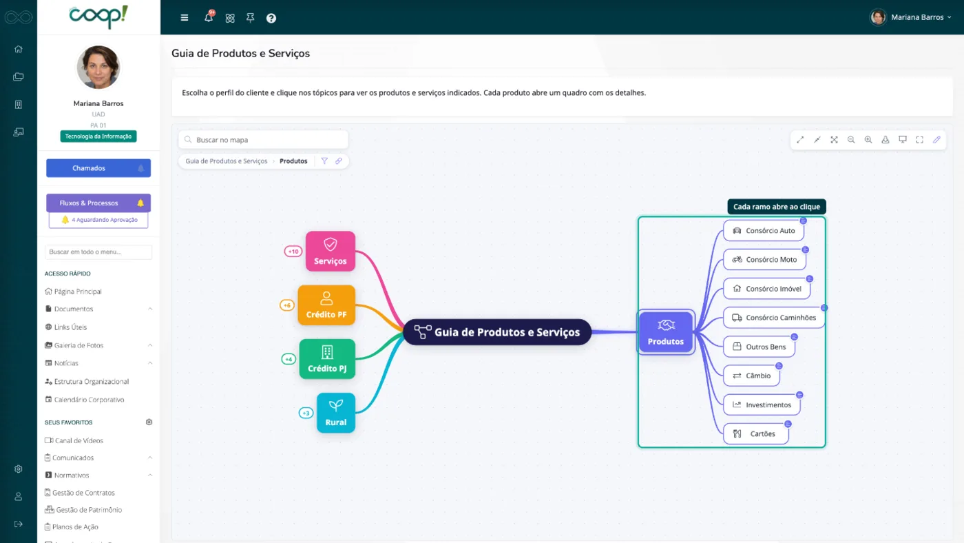 Mapa mental de produtos e serviços aberto na intranet, com os ramos coloridos e os produtos de um ramo