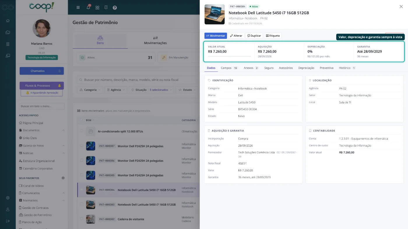Ficha de um notebook com o valor atual, a aquisição, a depreciação, a garantia e os dados de identificação e localização